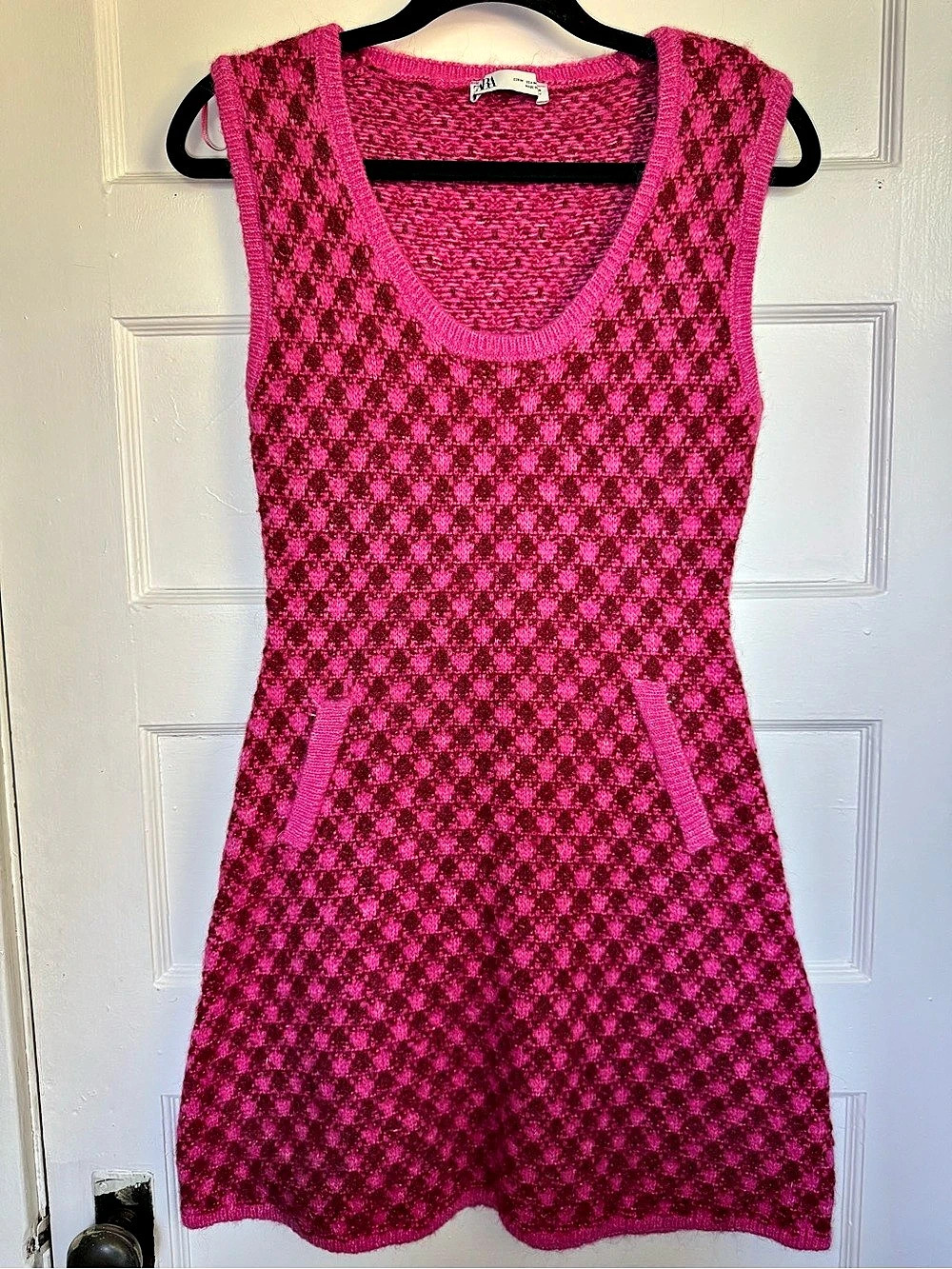 Zara Pink Plaid/Check Sleeveless Knit Mini Sweater Dress 90s Clueless Preppy Med